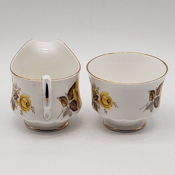 Queen Anne Vintage White Bone China Yellow Roses Ribbed Cream and Sugar Set - Picture 7 of 9